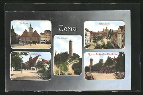 AK Jena, Rathaus, Marktplatz, Universität, Gasthaus Forsthaus am Kriegerdenkmal