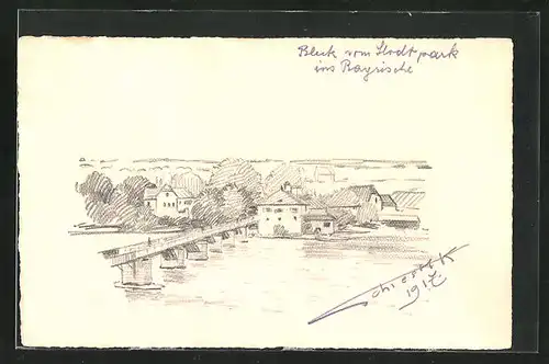 Künstler-AK Handgemalt: Blick vom Stadtpark ins Bayrische