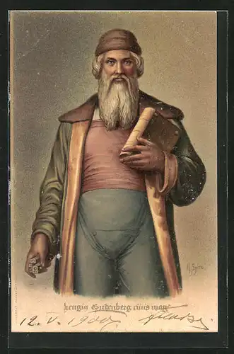 Künstler-AK Gutenberg als betagter Mann mit Buch in der Hand im Portrait