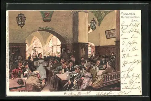 Künstler-Lithographie Paul Hey: München, Gute Stimmung im Hofbräuhaus