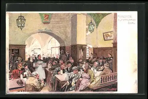 Künstler-Lithographie Paul Hey: München, Feiernde Gäste im Hofbräuhaus