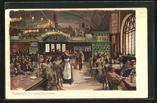 Künstler-Lithographie Paul Hey: München, gut gelaunte Gäste im Hofbräuhaus