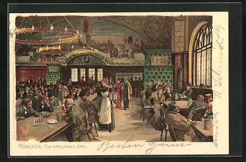 Künstler-Lithographie Paul Hey: München, gut gelaunte Gäste im Hofbräuhaus