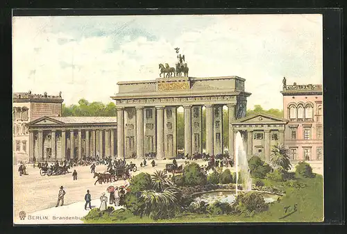 Künstler-AK P. O. Engelhard (P.O.E.): Berlin, Kutschen vor dem Brandenburger Tor