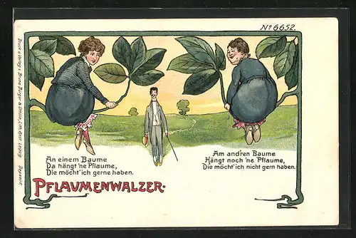 Künstler-AK Bruno Bürger & Ottillie Nr. 6652: Pflauemwalzer, Frauen auf Zweigen sitzend