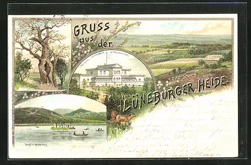 Lithographie Achterberg, Erolungshaus, Teich und 1000 jähr. Eiche