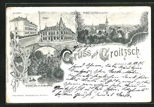 Lithographie Groitzsch, Panorama, Neue Schule, Rathaus und Burg