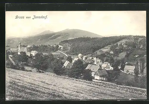 AK Jonsdorf, Blick auf den Ort und das Zittauer Gebirge