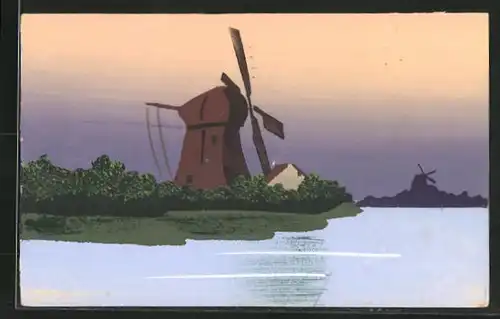 Künstler-AK Handgemalt: Mühle am Wasser - Schablonenmalerei