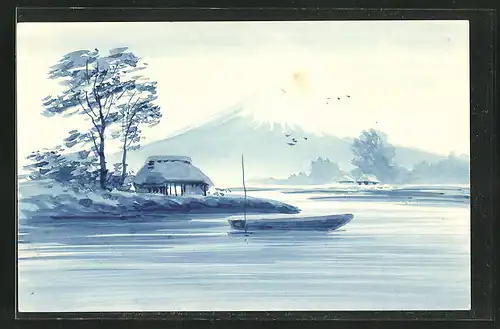 Künstler-AK Handgemalt: Hütte am Wasser mit Boot und Berg im Hintergrund - Schablonenmalerei