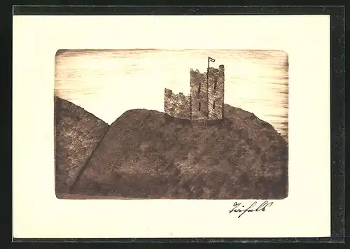 Künstler-AK Handgemalt: Burg auf einem Berg - Schablonenmalerei