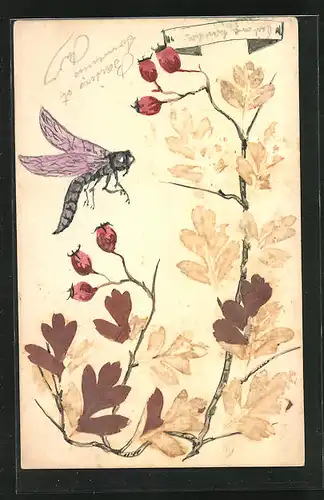 Künstler-AK Handgemalt: Libelle am herbstlichen Hagebuttenstrauch