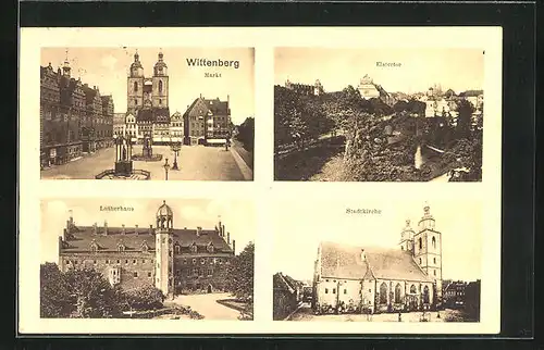 AK Wittenberg, Lutherhaus aus der Vogelschau, Stadtkirche, Elstertor