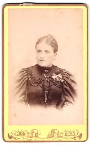 Fotografie O. Schmidt, Tharand, Portrait junge Dame im bestickten Kleid