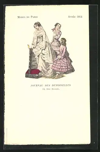AK Paris, Damen in Biedermeierkleidern, Modes de Paris, Année 1851, Journal des Demoiselles, Mode