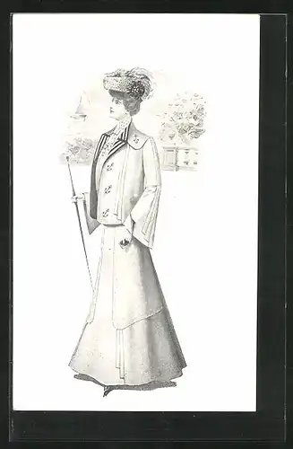 AK Anmutige Frau mit Federhut und Schirm in elegantem Kleid, Mode