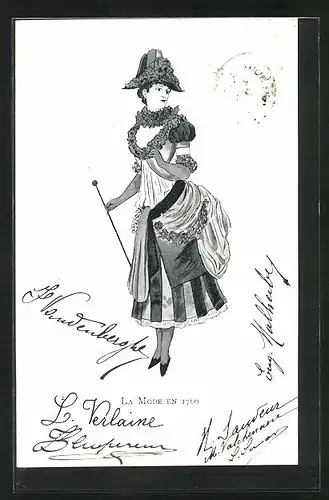 AK Schöne Dame mit Dreispitz und Schirm in gerüschtem Kleid um 1760, Mode