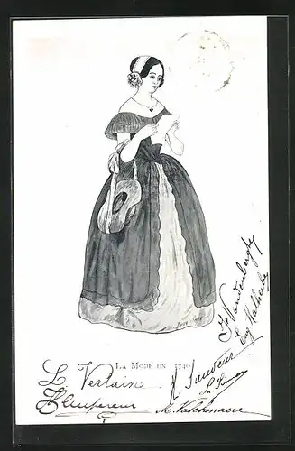 AK Elegante Frau mit Haarband und Hut in schulterfreiem Kleid liest Brief, 1740, Mode