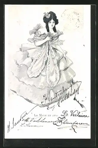 AK Anmutige Frau mit Zopffrisur in ausgestelltem Volantskleid, Mode