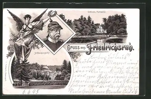 Vorläufer-Lithographie Friedrichsruh, 1895, Schlossansichten, Fürst Bismarck, Engel