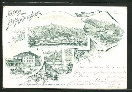 Vorläufer-Lithographie St. Andreasberg, 1894, Hotel Rathaus, Gasthaus Schluft, Ortsansicht