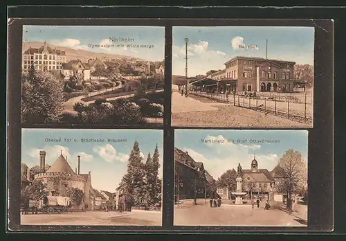 AK Northeim, Bahnhof, Gymnasium mit Winterberge, Oberes Tor und Städtische Brauerei