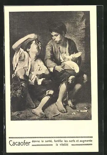 AK Reklame für Cacaofer, Knaben verspeisen genussvoll etwas Obst