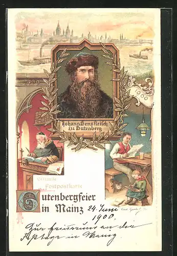 AK Mainz, Portrait von Gutenberg vor der Stadt, Buchdruck