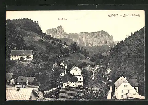 AK Rathen i. d. sächs. Schweiz, Ortsansicht mit Gausfelsen im Hintergrund