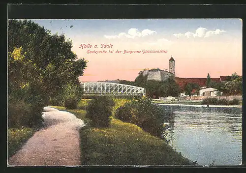 AK Halle a. Saale, Saalepartie mit Brücke bei der Burgruine Giebichenstein