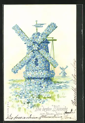 Präge-AK Windmühle aus Vergissmeinnicht, Blumenbild, Neujahrsgruss