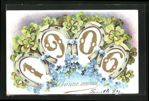 Präge-AK Jahreszahl mit Blumen & Kleeblättern, Neujahrsgruss 1906