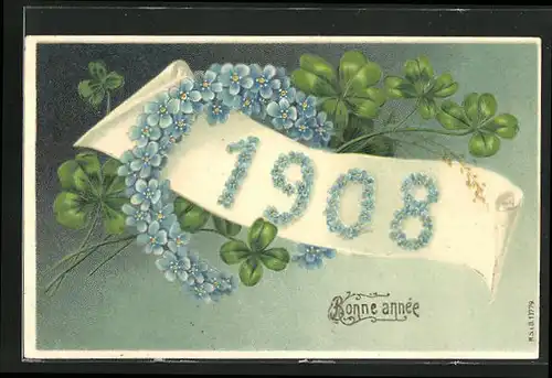 Präge-AK Jahreszahl aus Blumen mit Kleeblättern, Neujahrsgruss 1908