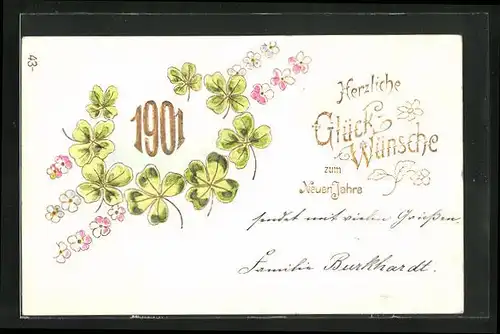 Präge-AK Jahreszahl mit Blumen und Kleeblättern, Neujahrsgruss 1901