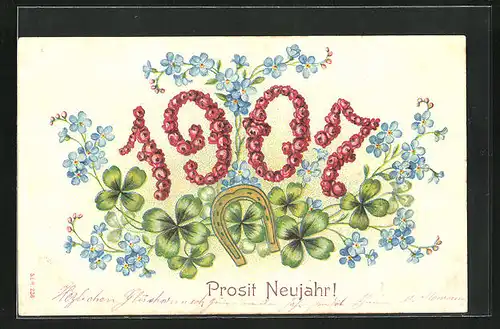 Präge-AK Jahreszahl mit Blumen und Kleeblättern, Neujahrsgruss 1907