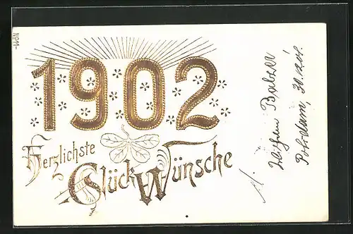 Präge-AK Jahreszahl mit Blumen, Neujahrsgruss 1902