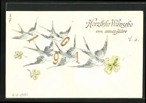 Präge-AK Vögel mit Jahreszahl & Kleeblättern, Neujahrsgruss 1901