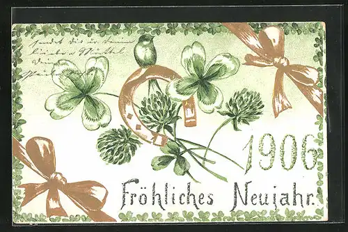Präge-AK Jahreszahl mit Vogel auf Hufeisen, Kleeblätter, Neujahrsgruss 1906