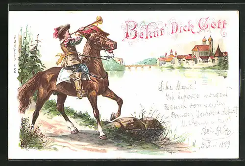 AK Behüt Dich Gott!, Trompeter zu Pferde vor der Stadt