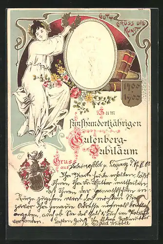 AK 500 Jahre Gutenberg-Jubiläum, Buchdruck, Portrait Johannes Gutenberg