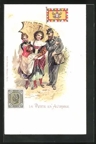 AK La Poste en Autriche, Österreichischer Briefträger begleitet Damen mit Regenschirm