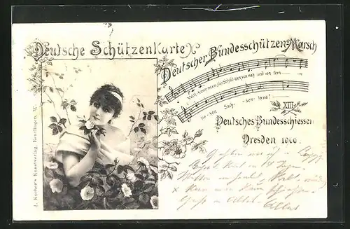 AK Dresden, Dt. Bundesschiessen 1900, Schützenverein, Schöne Dame mit Röschen