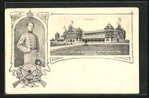 AK Hannover, XIV. Dt. Bundesschiessen 1903, Festhalle des Schützenfests, Kronprinz Wilhelm in Uniform, Schützenverein