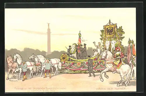 AK Hannover, Festzug des XIV. Dt. Bundesschiessens 1903, Festwagen mit Turnern, Schützenverein