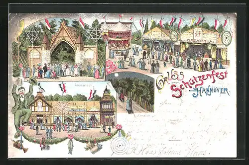 Lithographie Hannover, Schützenfest, Schiessstände, Schützenzelt, Seufzerallee, Schützenverein