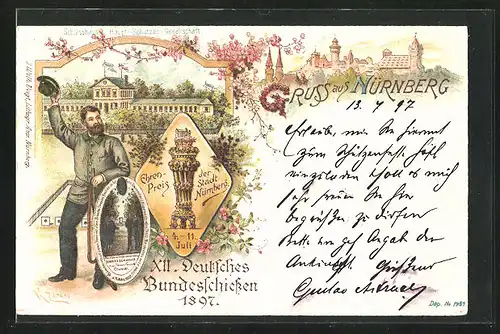 Lithographie Nürnberg, XII. Dt. Bundesschiessen 1897, Ehrenpreis-Pokal, Schiesshaus Hauptschützen-Gesellschaft