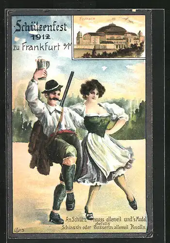 AK Frankfurt a. M., 17. Dt. Bundesschiessen 1912, Festhalle, Tanzendes Schützenpaar mit Bierhumpen, Schützenverein
