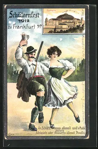 AK Frankfurt a. M., 17. Dt. Bundesschiessen 1912, Schützen-Paar tanzt gemeinsam, Schützenverein, Festhalle