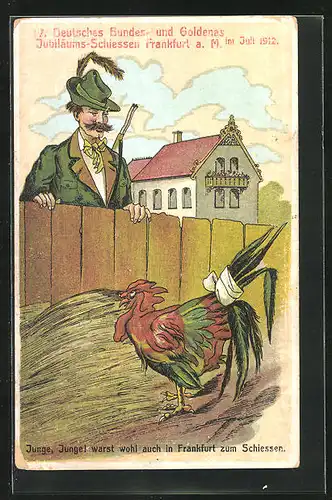 AK Frankfurt a. M., 17. Dt. Bundesschiessen 1912, Schütze mit Gewehr erblickt Hahn, Schützenverein