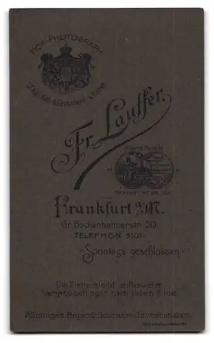 Fotografie Fr. Lauffer, Frankfurt a. M., Gr. Bockenheimerstr. 30, Portrait junger Mann mit Fliege, Kaiser Wilhelm Bart